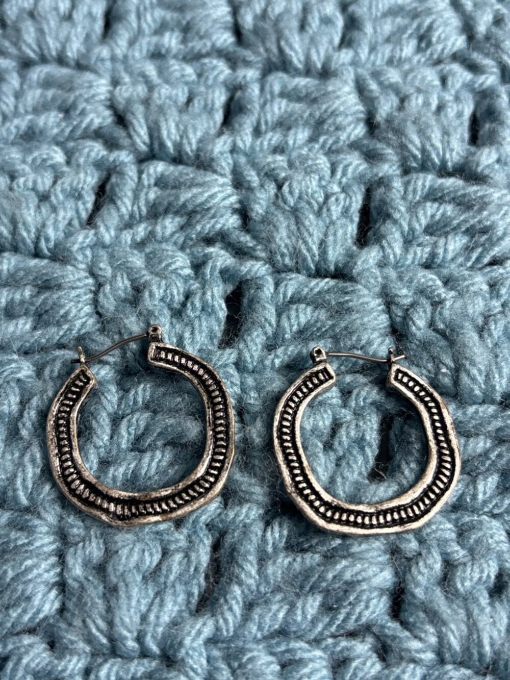 Abstract Silvertone Black Hoop Earrings 1 inch